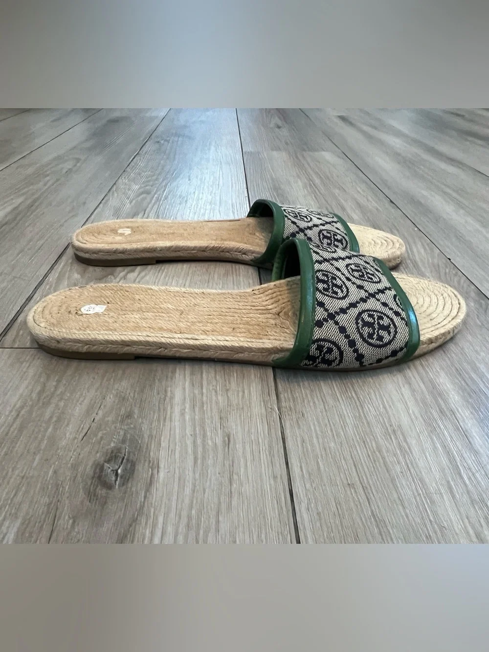 Tory Burch Monogram Espadrille Slides Sandals Green Tan Womens 8